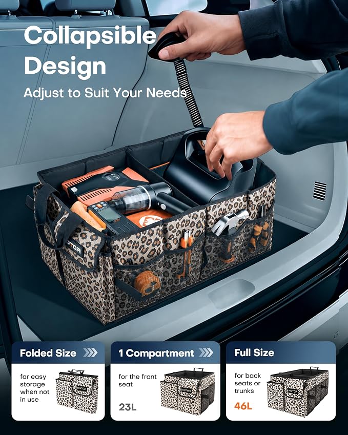 HOTOR Trunk Organizer - Car Organizer, Foldable Trunk organizer for SUVs & Sedans, Sturdy Car Organization for Car Accessories, Tools, Sundries, Brown Leopard, 2 Compartments, 21.3"×12.6"×10.6" - Image 5