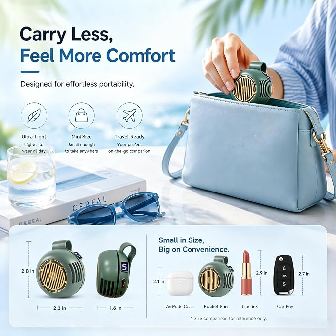 Wearable Waist Fan Rechargeable, 360° Rotating Clip-On Personal Fan 5-Speed Bladeless Portable Cooling Fan for Shirt, Outdoor Work, Construction, Camping, Gardening,Office, Travel Essentials Green - Image 5
