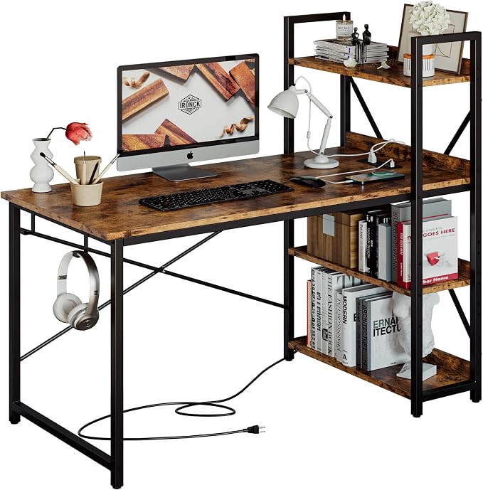 IRONCK Computer Desk 47" with Power Outlet and Storage Shelves,Rustic Brown | Study Writing Table with USB Ports Charging Station, PC Desk Workstation for Home Office by IRONCK