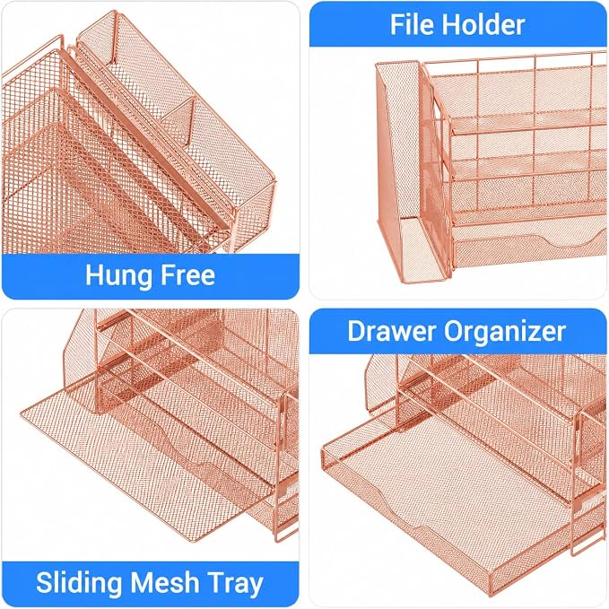 OPNICE Desk Organizers and Accessories, 4-Tier Desktop File Organizer with Drawer and Pen Holders, Office Desk Accessories Workspace Organizers for Office Supplies (Rose Gold) - Image 6