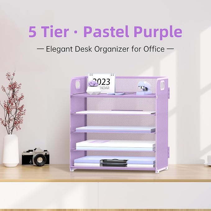 Supeasy 5 Trays Paper Organizer Letter Tray with Handle-Mesh Desk File Holders, Paper Sorter Desk Organizer for Office, Home, Classeoom or School, Purple - Image 2