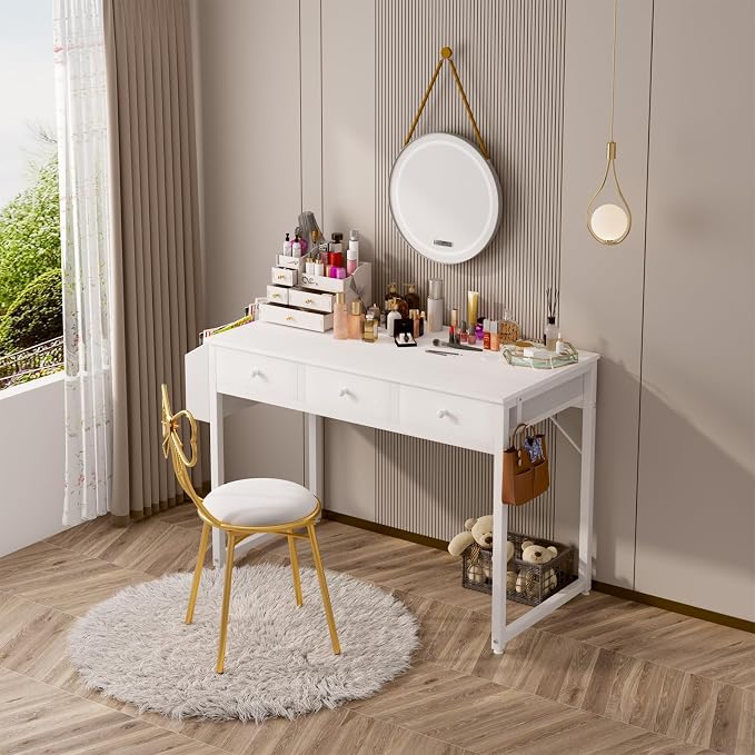 Lufeiya Small White Computer Desk with Drawers for Home Office Bedroom, 40 Inch Vanity Desk with Fabric Drawer Storage and Side Pouch, Study Writing Table, White - Image 5