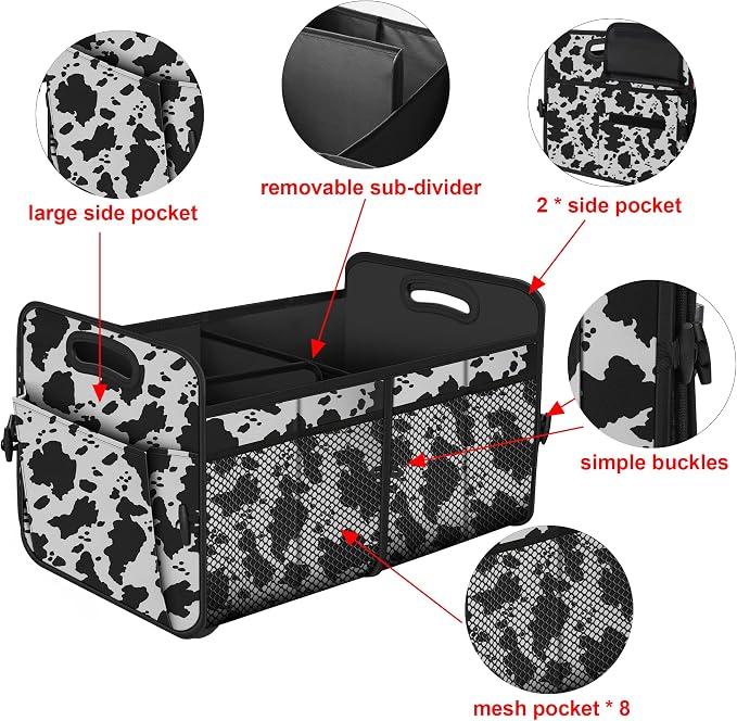 Femuar Car Trunk Organizer,Car Storage Organizer with 72L Large Capacity Waterproof Collapsible and 11 Pockets,Trunk Organizer for Car Suv/Jeep/Sedan, Large Size, Cow print - Image 5