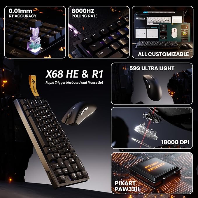 ATTACK SHARK X68 HE 60% Wired RT 8K Keyboard and Wireless R1 Mouse-Black | Adjustable Actuation,Hall Effect Mechanical Magnetic Switch,Coiled Cable,USB C/2.4Ghz/BT Ultralight 18K DPI Mice for PC Gamer - Image 2