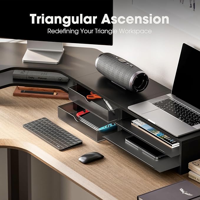 Fenge Dual Monitor Stand, 2-Tier Corner Monitor Riser with Drawer and Slide-out Tray, Triangle Desktop Shelf Organizer for Laptop Computer Printer Home Office Desk, Black - Image 5
