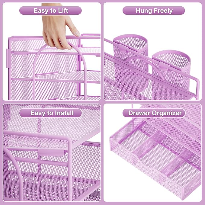 Marbrasse Desk Organizer, 4-Tier Paper File Letter Tray, Purple | Sturdy Paper Tray, File Holder, Built-in Drawer, 2 Pen Slots, fits Letters/Files, for School Home Office Supplies - Image 5