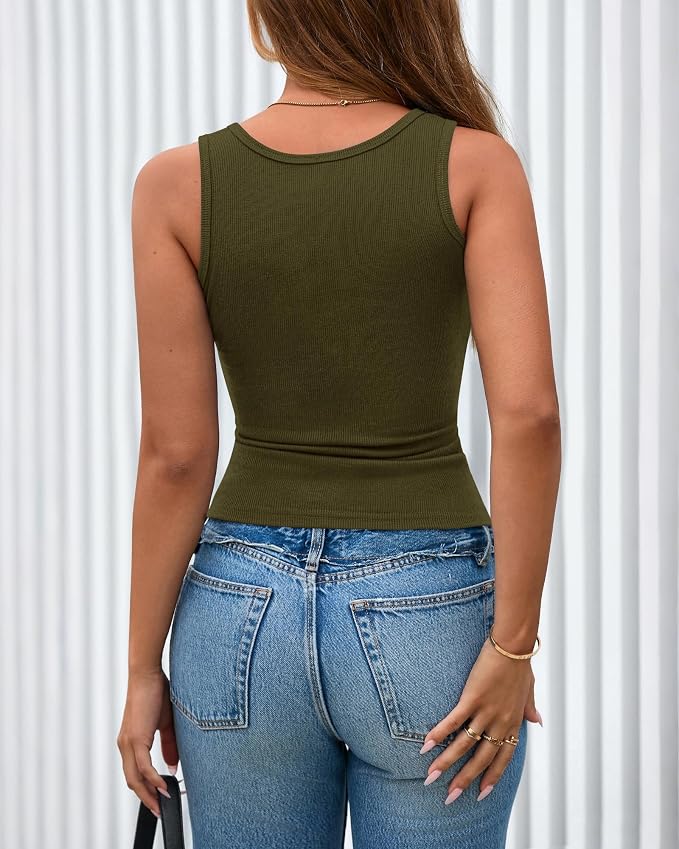 BTFBM Summer Tops for Women 2026 Scoop Neck Ribbed Henley Button Sleeveless Casual Spring Basic Tank Top Clothes Outfits - Image 3