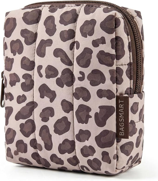 BAGSMART Small Makeup Bag for Women with Slip-in Pocket, Leopard | Zipper Pouch, For Purse, Toiletry Pouch, Puffy Padded Mini Cosmetics Bag, Travel Essentials, Cute Make Up Organizer by BAGSMART