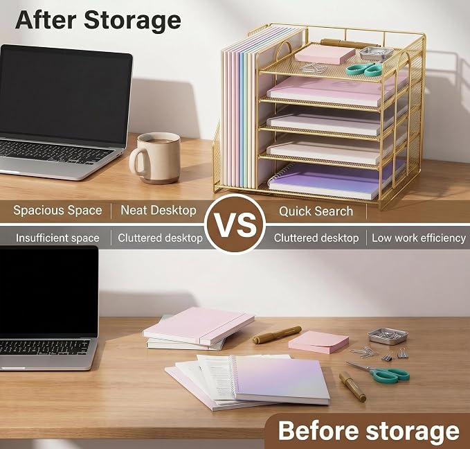 OPNICE 5-Tier Desktop File Paper Organizer, Desk Organizers and Accessories, Office Desk Accessories & Workspace Organizers for Home Office Supplies, Gold - Image 3