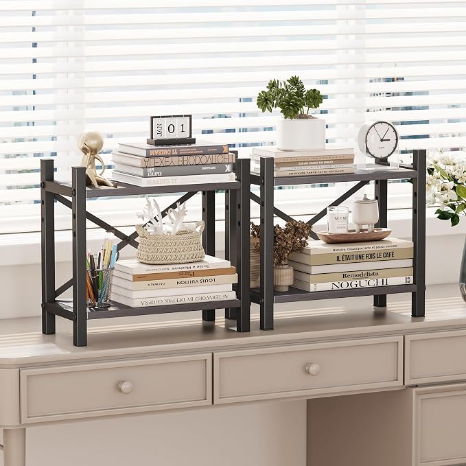 2-Pack Desktop Bookshelf, 4-Tier Stackable Narrow Bookcase, Adjustable Industrial Desk Organizer & Hutch - Rustic Brown Wood Desktop Book Organizer for Living Room, Bedroom & Home Office - Image 6