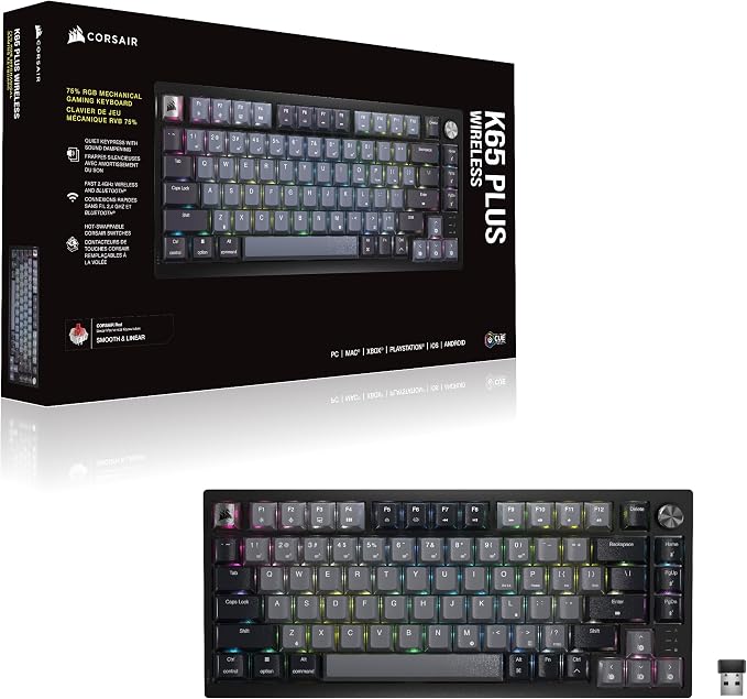 Corsair K65 Plus Wireless 75% RGB Mechanical Gaming Keyboard – Pre-Lubricated MLX Red Linear Switches – PBT Dye-Sub Keycaps – PC, Mac, PS5, PS4, Xbox, iPad – QWERTY NA – Black/Gray - Image 14