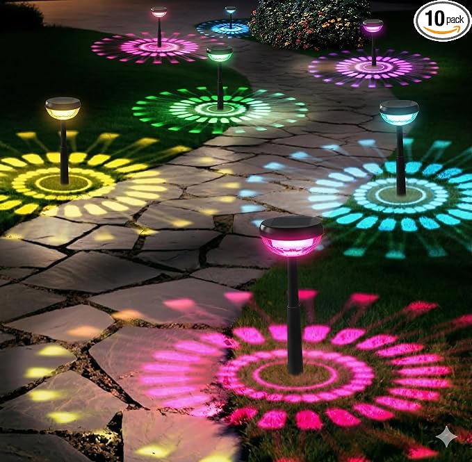 Ensenior Solar Pathway Lights IP65 Waterproof, RGB Color Changing & 3000K Warm White, 8-16Hr Runtime, Flower Pattern Garden Lights for Walkway Porch Yard - 10 Pack by Ensenior