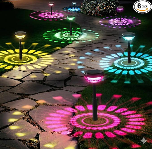 Ensenior Solar Pathway Lights IP65 Waterproof, RGB Color Changing & 6500K Cool White, 8-16Hr Runtime, Flower Pattern Garden Lights for Walkway Porch Yard - 6 Pack by Ensenior