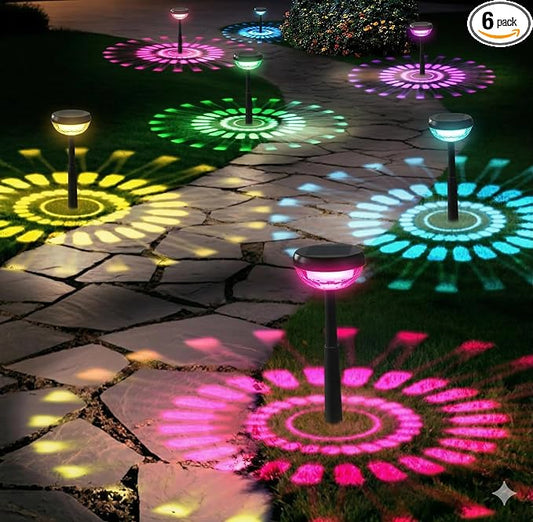 Ensenior Solar Pathway Lights IP65 Waterproof, RGB Color Changing & 3000K Warm White, 8-16Hr Runtime, Flower Pattern Garden Lights for Walkway Porch Yard - 6 Pack by Ensenior