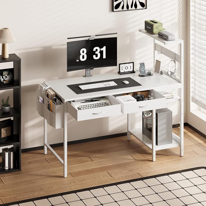 40 Inch Small Gaming Desk with Drawers & Led Lights & Storage Bag, White | Reversible Storage Shelf, Power Outlets, Wood Grain Gaming Table, Compact Computer Desk for Small Space, Bedroom, Home Office - Image 2