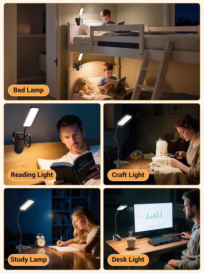 Clip on Light,9 Brightness+5 Color Rechargeable Lamp,48 LED Small Desk Lamp | 4000mAh Battery Powered Lamp,450 Lumen Clamp Light, Wireless & Cordless Book Reading Light for Bed/Bedside Table/Bedroom/Dorm - Image 6
