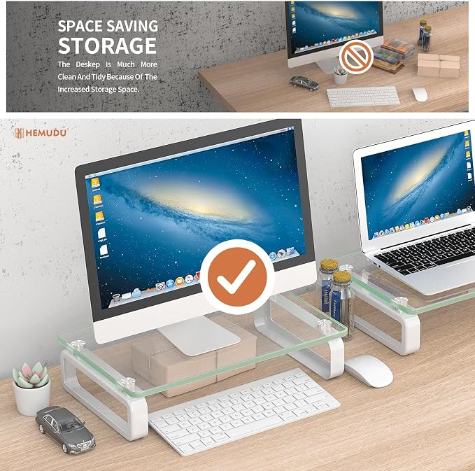 Hemudu 2 Pack Computer Monitor Stand Riser Multi Media Desktop Stand for Flat Screen LCD LED TV, Laptop/Notebook, with Tempered Glass and Metal Legs,HD02T-201 - Image 4