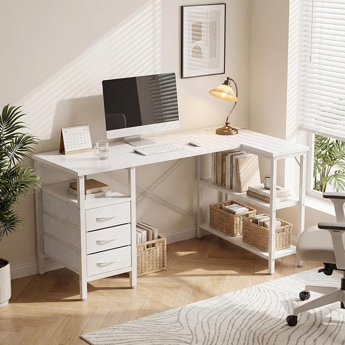 Alpen L Shaped Gaming Desk with Power Outlets, 47 Inch Computer Desk with 3 Drawers and Shelves, Corner Desk for Gaming, Study Writing PC Table with Storage and Reversible Shelf, White - Image 2