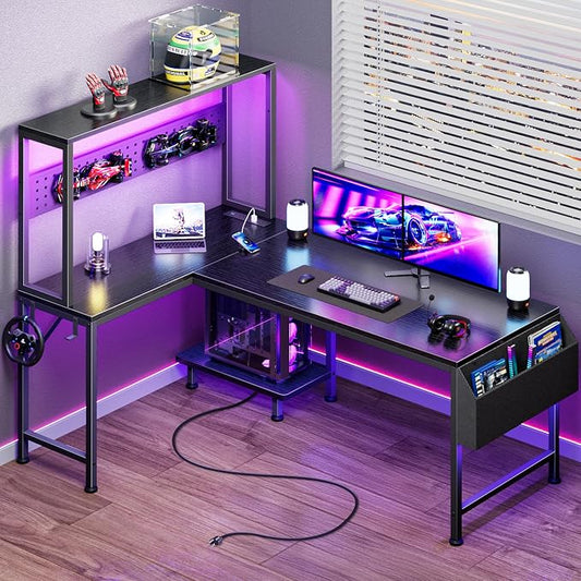 PRAISUN L Shaped Gaming Desk with LED Lights & Power Outlets, Reversible Computer Desk with Storage Shelves & Bag, Large Corner Home Office Desk with Pegboard for Work from Home, Black by PRAISUN