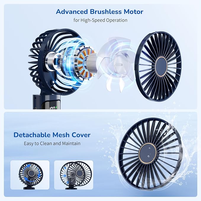 Portable Handheld Fan, USB Rechargeable Foldable Mini Personal Fan, 5200mAh, 180 Adjustable, 6 Speed Wind, 3 IN 1 Hand Cooling Desk Fan with LED Display for Home Office School Outdoor Travel, Blue - Image 3