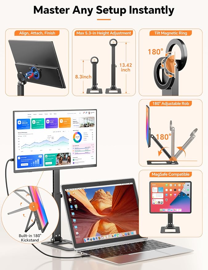 HotYeah Travel Portable Monitor with Stand, w/Magnetic Stand & Speaker | 15.6" 1080P 125% sRGB USB-C HDMI HDR External Display, 2nd Screen for Laptop MacBook Computer Phone Tablet Switch PS5 Xbox - Image 4