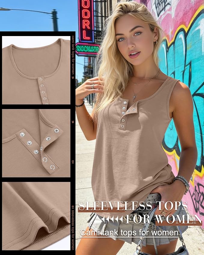 Ficerd 3 Pack Women's Henley Tank Tops Sleeveless Button Down Summer Shirts 2026 Casual Trendy Loose U Neck Tee Blouses - Image 5