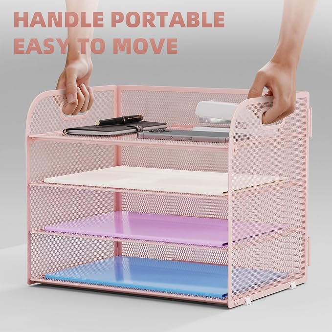 Marbrasse 2 Pack 4 Tier Paper Organizer Letter Tray - Mesh Desk File Organizer with Handle, Paper Sorter Organizer for Letter/A4 Office File Folder Holder (Pink, 12.6" x 9.1" x 10.7") - Image 5