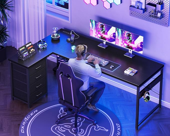 AODK 67" L Shaped Gaming Desk with 4 Drawers and Power Outlets, Black | USB Ports, PC Tower Stand, Hooks, Reversible Corner Layout for Gaming Rooms, Bedrooms and Home Office - Image 7