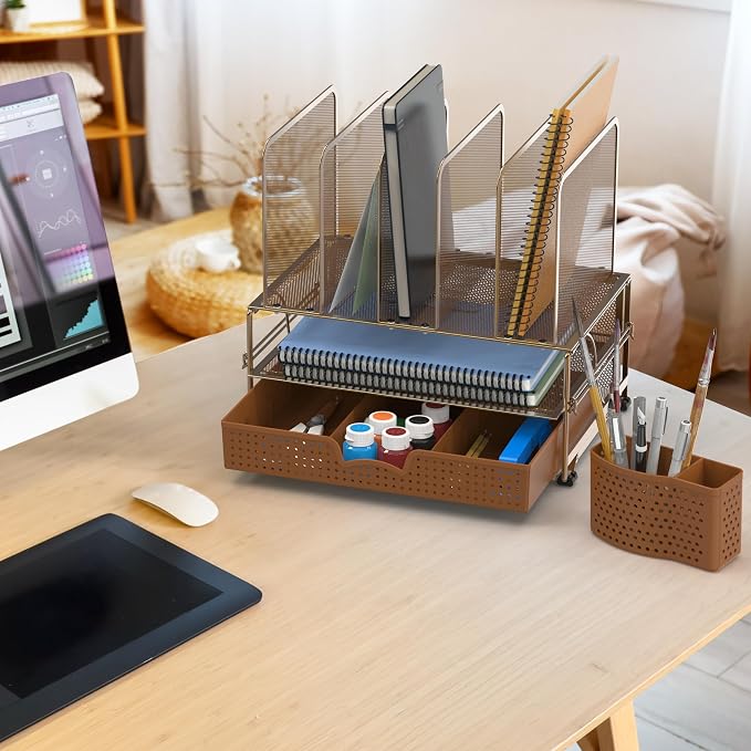 Simple Houseware Desk File Organizer for Office Supplies w/Drawer, Copper | Double Tray, Pencil Holder, and 5 Upright Sections with Sliding Drawer - Image 7