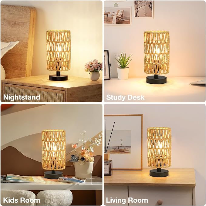 Fenmzee Table Lamps (Rattan Rope Shade - Black Base, 9" Inline Control) | 3000K LED Blub Included | 680 Lumens | Easy Assembly | Minimalist Design | E26 | for Kitchen | for Kids Room - Image 7