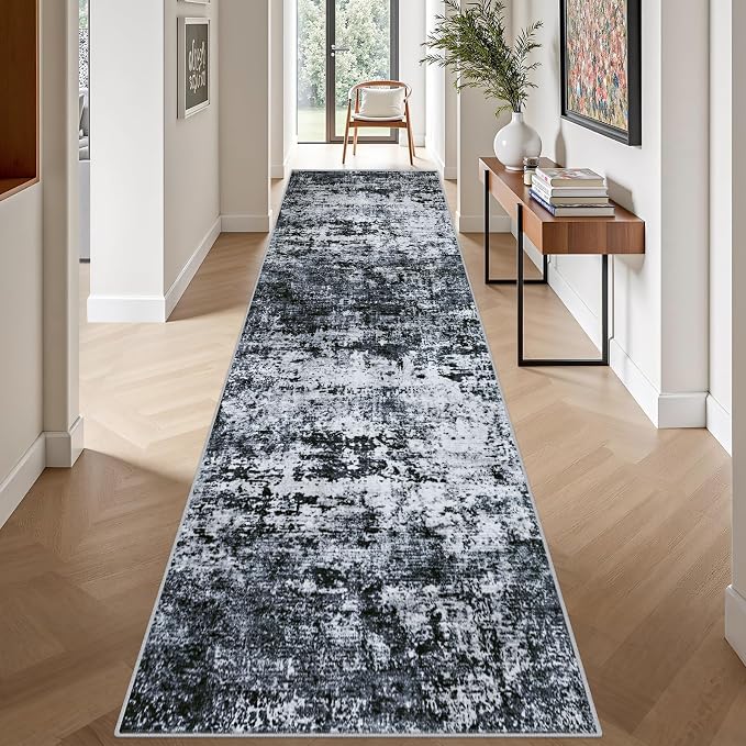 Washable Area Rug 3x14 Entryway Rug: Washable Modern Abstract Soft Thin Rug Indoor Floor No Slip Stain Resistant Carpet for Bedroom Dining Room Farmhouse Nursery Home Office - Black - Image 4