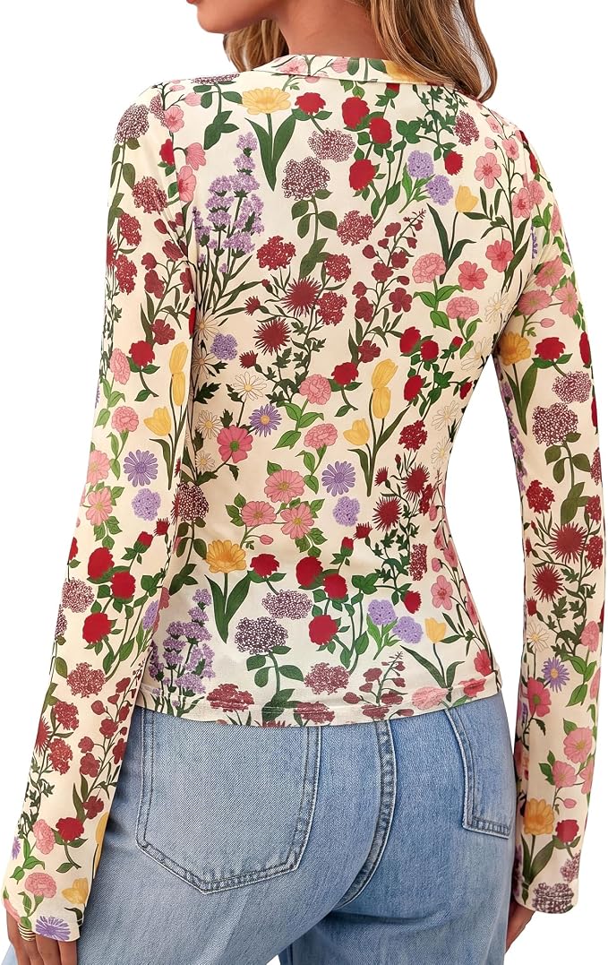 BTFBM Button Down Shirts for Women 2026 Fall Boho Tops V Neck Long Sleeve Blouses Ruched Mesh Fitted Fashion Clothing - Image 3