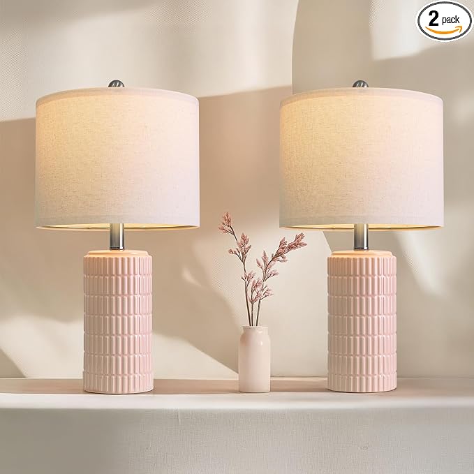 PoKat 20.75" Pink Ceramic Table Lamps Set of 2, Small Modern Bedroom Lamps for Girls Room, Bedside Lamps for Night Stands, Cute Lamps for Living Room Decor, Nightstands Desk Lamp, Light Pink by Pokat