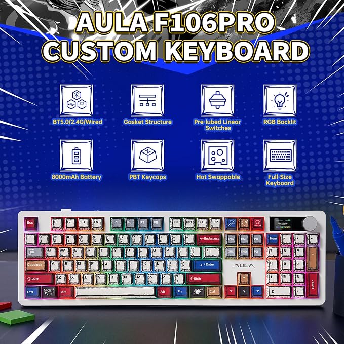 AULA Wireless Mechanical Gaming Keyboard Full Size 8000mAh with Knob&Screen | Hot Swappable Custom,RGB Backlit,Creamy Pre-lubed Blaze Switches,PBT Keycaps,Tri-Mode BT/2.4GHz/USB-C,F106Pro Comic Mix Color - Image 2