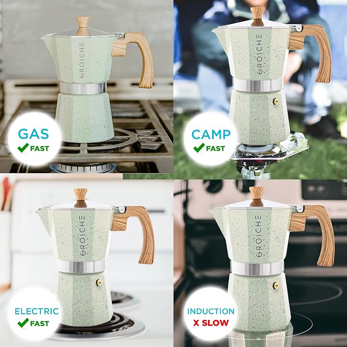 GROSCHE Milano Moka pot, Stovetop Espresso maker, Greca Coffee Maker, Stovetop coffee maker and espresso maker percolator (Mint, 9 cup) | Cuban Coffee Maker And Italian Moka Pot For Stovetop Espresso; For Gas, Electric, And Propane Stoves With A Soft-T... - Image 5