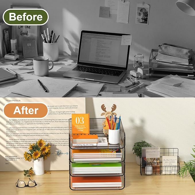 FANXIYQ 4-Tier Acrylic Paper Tray Organizer, 2-Tone Office Paper Organizer | Stackable, Tool-Free Design with 2-4 Tiers for A4 Paper, Files, Books and Mail; Ideal for School, Home Office and Study Room - Image 7