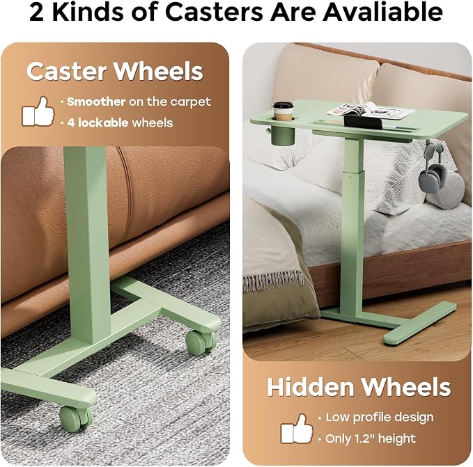28" Mobile Standing Desk with Drawer, Portable Laptop Desk | Rolling Desk with Cup Holder and Hooks, Height Adjustable Computer Cart with Storage, Lockable & Hidden Wheels, Sage Green - Image 6