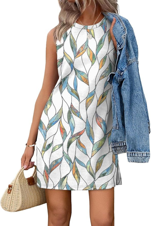 WIHOLL Casual Dresses for Women Crewneck Sleeveless Tank Dress Summer Spring Boho Vacation Clothes by WIHOLL