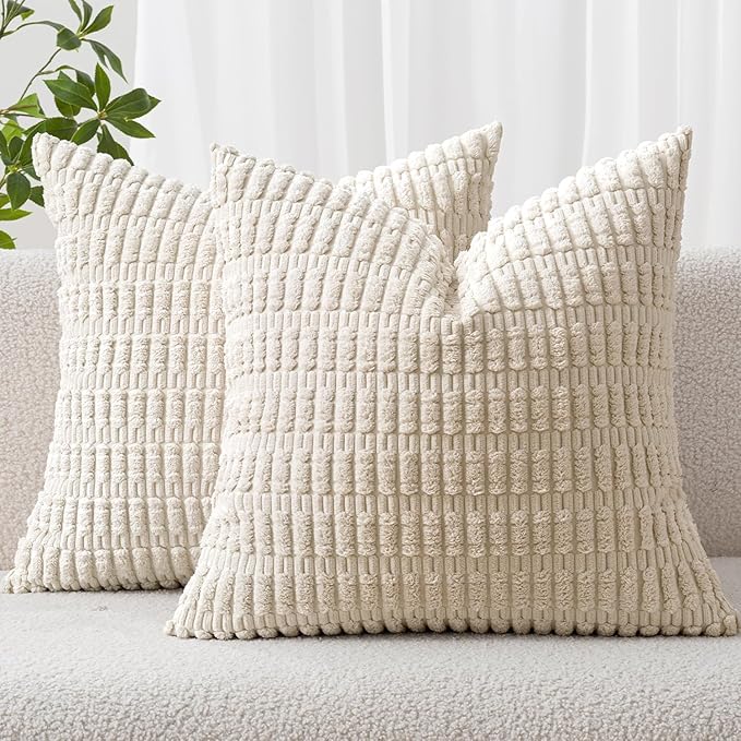 MIULEE Pack of 2 Corduroy Decorative Throw Pillow Covers 16x16 Inch Soft Boho Striped Pillow Covers Modern Farmhouse Home Decor for Sofa Living Room Couch Bed Cream White by MIULEE