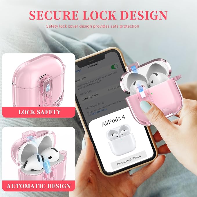 for AirPods 4th Generation Case Cover 2024, Military-Grade Shockproof Transparent Anti-Yellowing, Charging Port Dust-Proof & Stand Design with Cleaning Kit for AirPods 4 Case, Crystal Pink - Image 3
