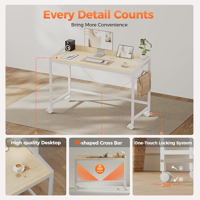 Mericonia 47x20 Inch Small Computer Desk with Wheels & Rear Lip | Simple Rolling Desk, Writing Table for Home Office Bedroom Work Study, Oak - Image 6