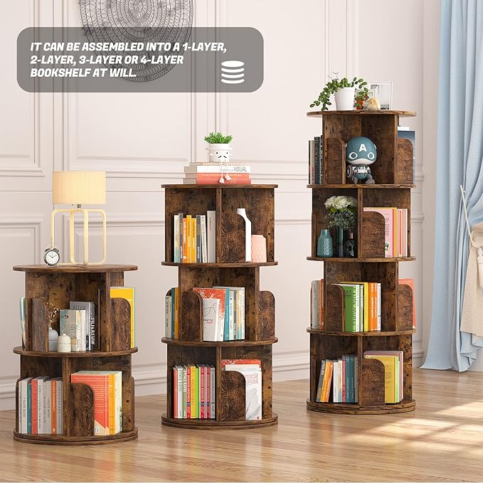 Aheaplus Rotating Bookshelf, Small Corner Bookshelf for Small Space, 360 Display 4 Tier Floor Standing Bookcase Storage Rack, Wood Narrow Book Shelf Organizer for Bedroom, Living Room, Rustic Brown - Image 6