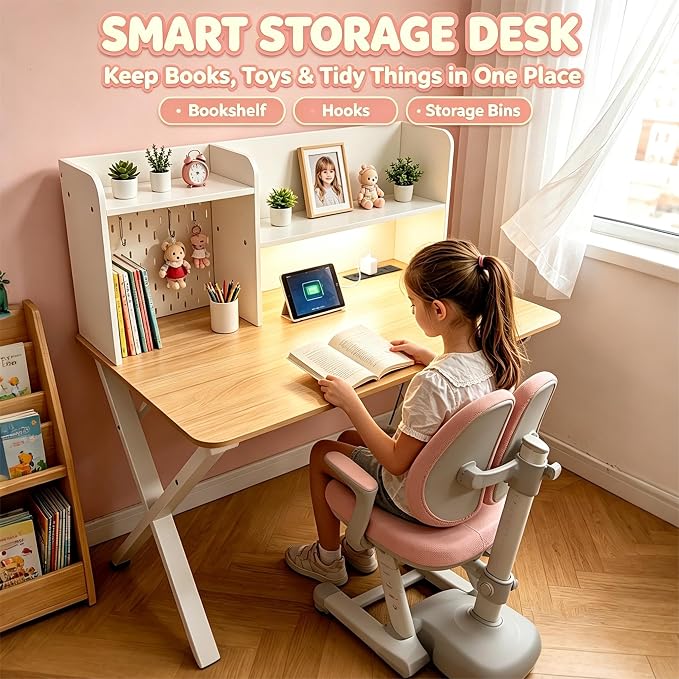 Lightdot 44"×24" White Computer Desk with Motion Sensor Light, Home Office Gaming Desk with Charging Station Pegboard, Modern Study Desk for Work Bedroom Game Kids Room Living Room - Image 3