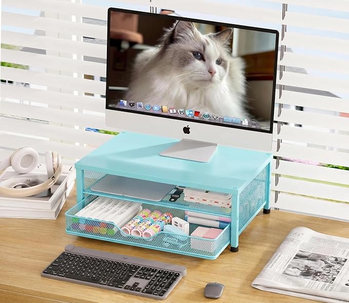 OPNICE Computer Monitor Stand Riser, Desk Organizer with Drawer, Printer & Laptop Stand, Office Desk Accessories & Workspace Desktop Organizers Storage for Office Supplies(Blue) - Image 5