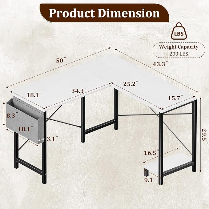 Alpen Corner Desk, L Shaped Gaming Desk with Storage Pocket and CPU Stand, Work Desk for Home Office, Small Corner Study Writing Table with Sturdy Metal Frame, 50 Inch, Classic White - Image 2