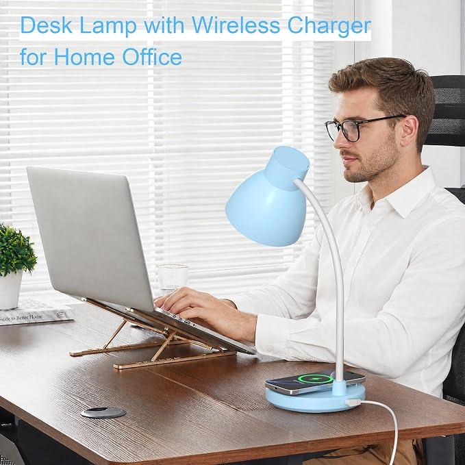LED Desk Lamp for Home Office with Wireless Charger, Blue | 3 Color Modes Dimmable Eye-Caring Study Reading Dorm Desk Lamp, 360° Flexible Arm Table Lamp for College Dorm Room, 800 Lumen - Image 6