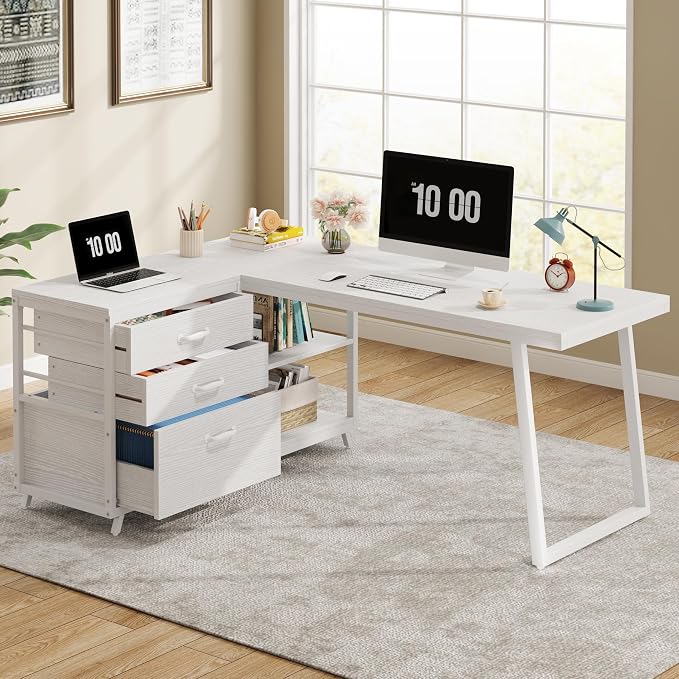 Tribesigns L-Shaped Computer Desk with 3 Drawers, Reversible Corner Home Office Desk with Shelves, 53-Inch Industrial PC Desk Study Writing Table Workstation for Small Space, White - Image 9