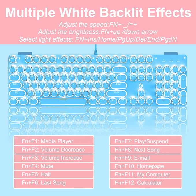YSCP Typewriter Style Mechanical Gaming Keyboard White Backlit Wired with Blue Switch Retro Round Keycap 104 Keys Keyboard (Blue) - Image 3