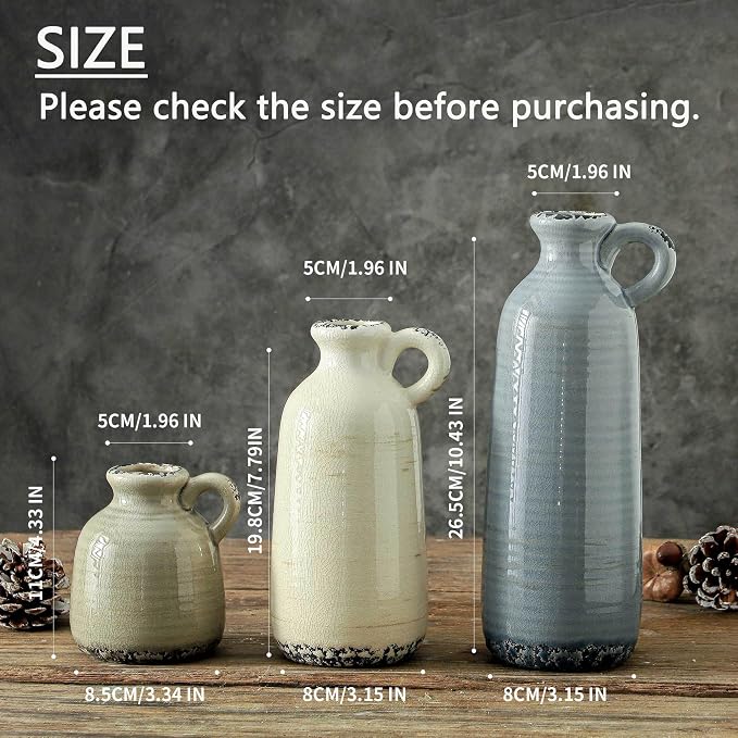 Ceramic Vases Set of 3, Neutral Rustic Farmhouse Vase with Handle, Decorative Flower Vases Home Decor Modern Boho Pampass Vase for Table Mantel Entryway Shelf Living Room Kitchen Bathroom - Ocean - Image 2