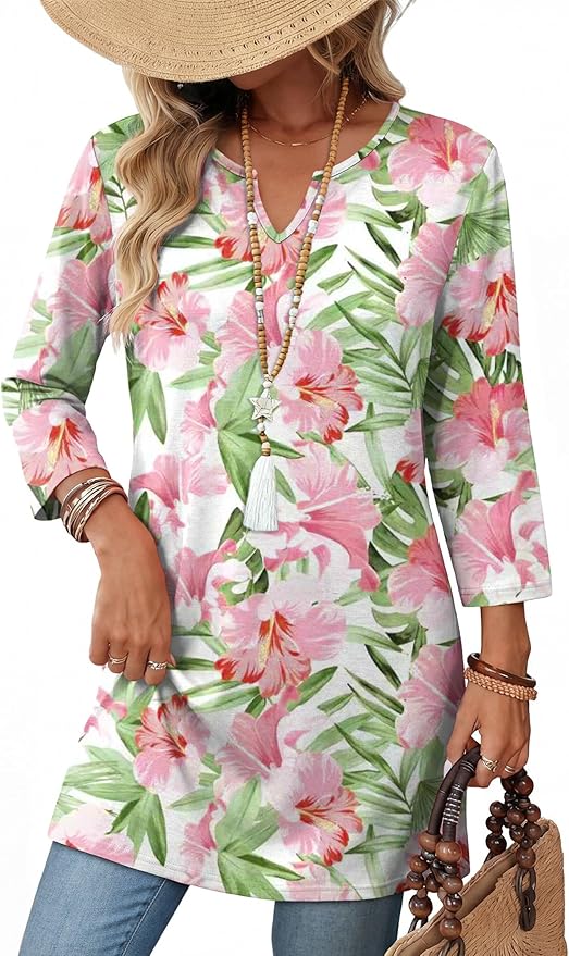 OFEEFAN Summer Boho Tops For Women 3/4 Length Sleeve Womens Tops Vacation Outfits by OFEEFAN